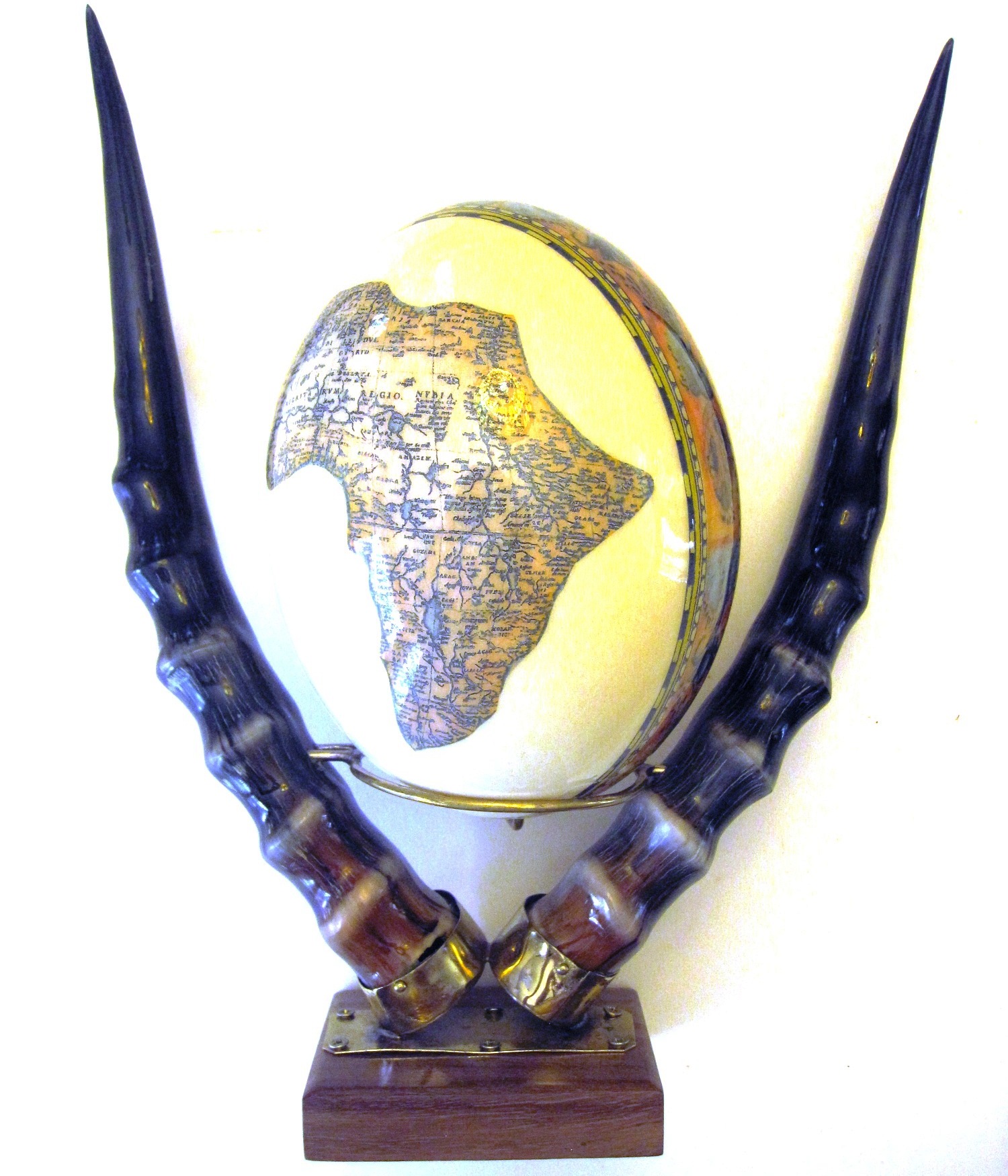 Map of Africa/Big Five Decoupage Ostrich Egg w Impala Horn Stand